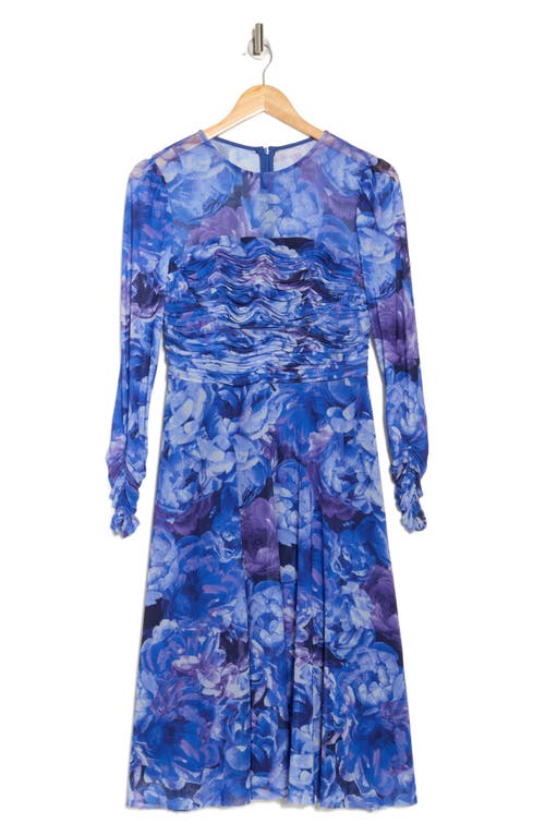 Eliza J Shirred Long Sleeve Dress In Blue