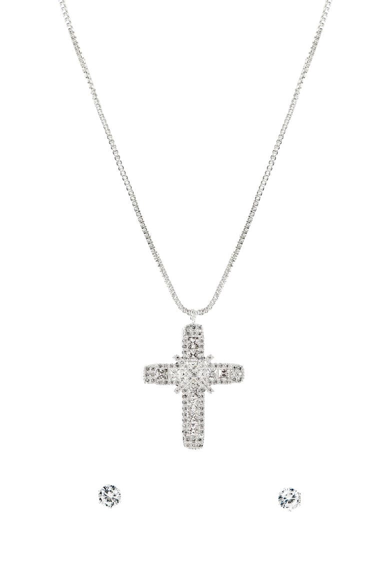 Cross Pendant Necklace & Cubic Zirconia Stud Earrings Set, Alternate, color, METALLIC SILVER