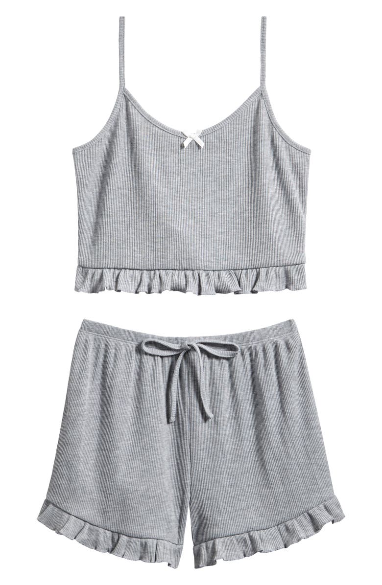 Ava & Yelly Kids' Ruffle Rib Camisole & Shorts Pajamas, Main, color, Grey