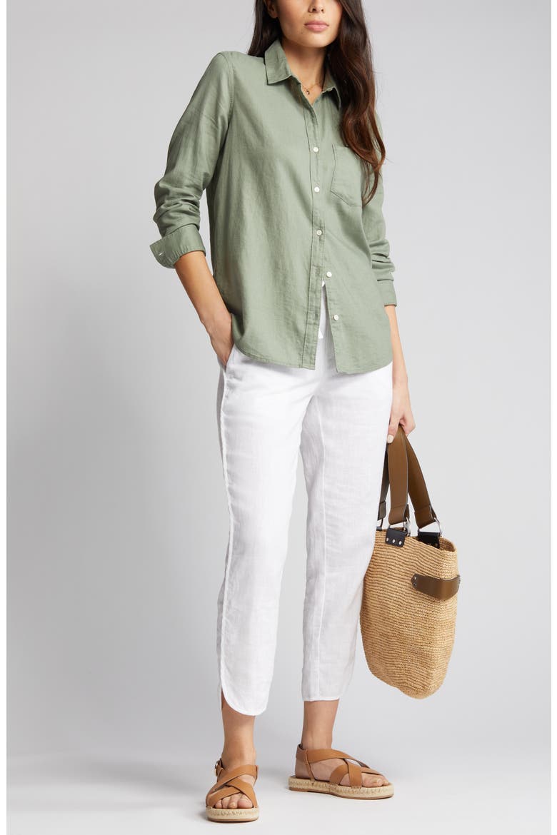 Casual Linen Blend Button-Up Shirt, Main, color, GREEN DUNE