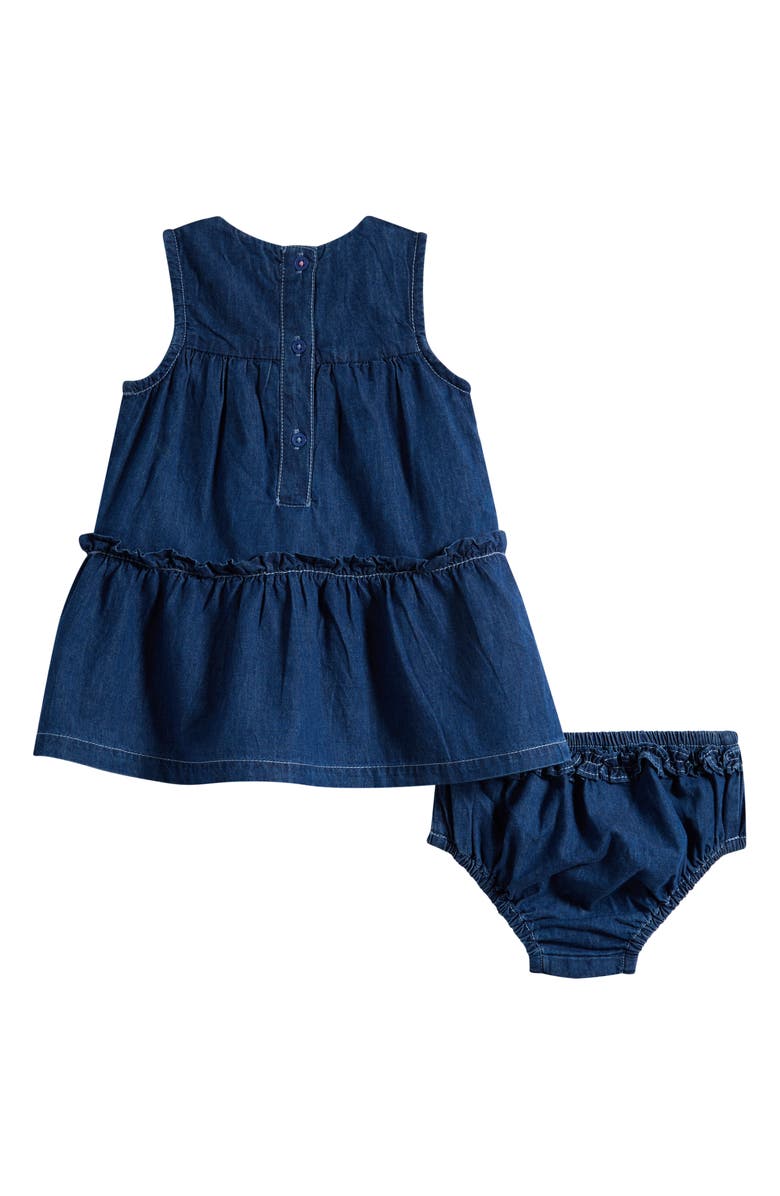 Mini Boden Tiered Ruffle Trim Denim Dress & Bloomers Set, Alternate, color, Chambray Embroidery
