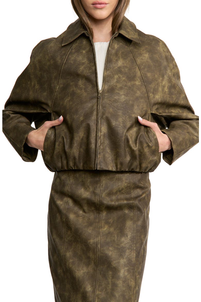 Margot Croc Embossed Faux Leather Bomber Jacket, Main, color, OLIVE