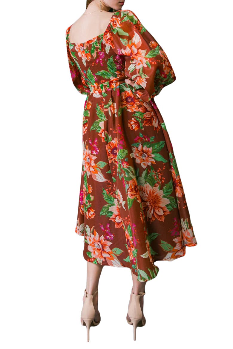Floral Long Sleeve Midi Dress, Alternate, color, BROWN