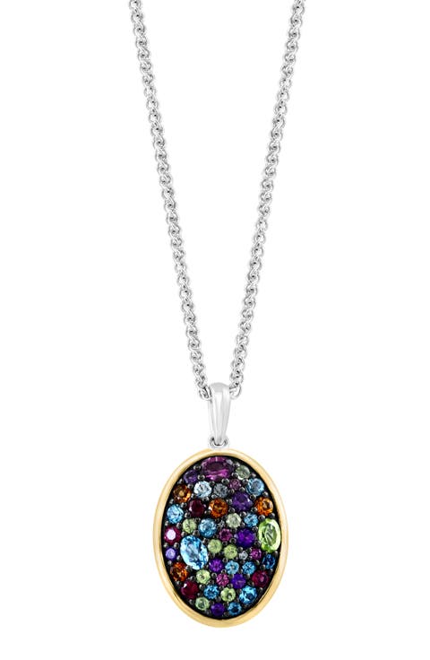 Two-Tone Pavé Semiprecious Stone & Diamond Oval Pendant Necklace
