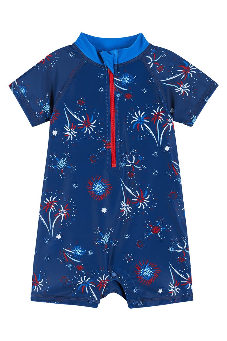 Surfboard Print One-Piece Rashguard Swimsuit & Sun Hat Set, Alternate, color, NAVY FIREWORK