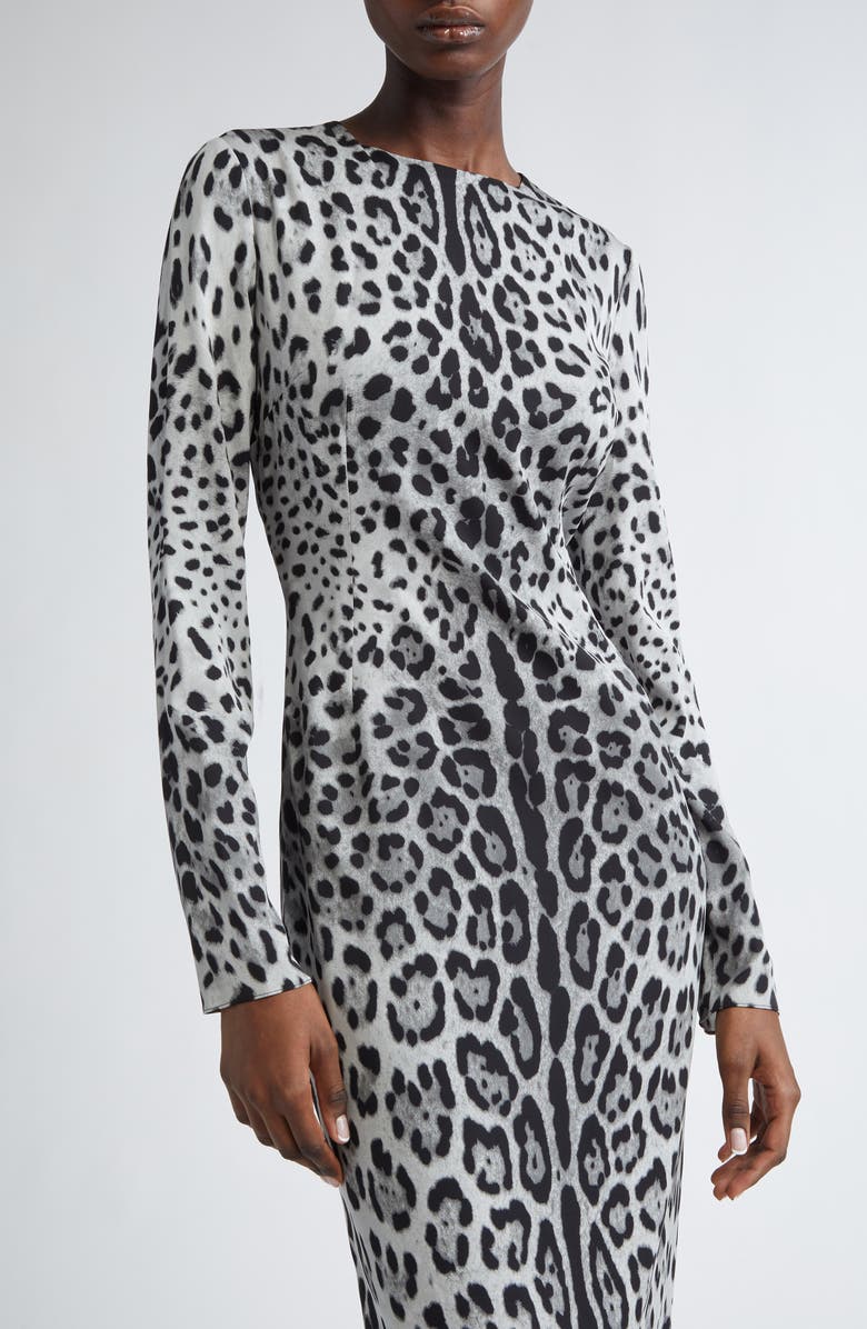 Dolce&Gabbana Leopard Print Long Sleeve Charmeuse Sheath Dress, Alternate, color, Hi13n Leo Nero Fdo Grigio
