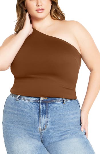 City Chic Swept Away One-shoulder Top In Brown
