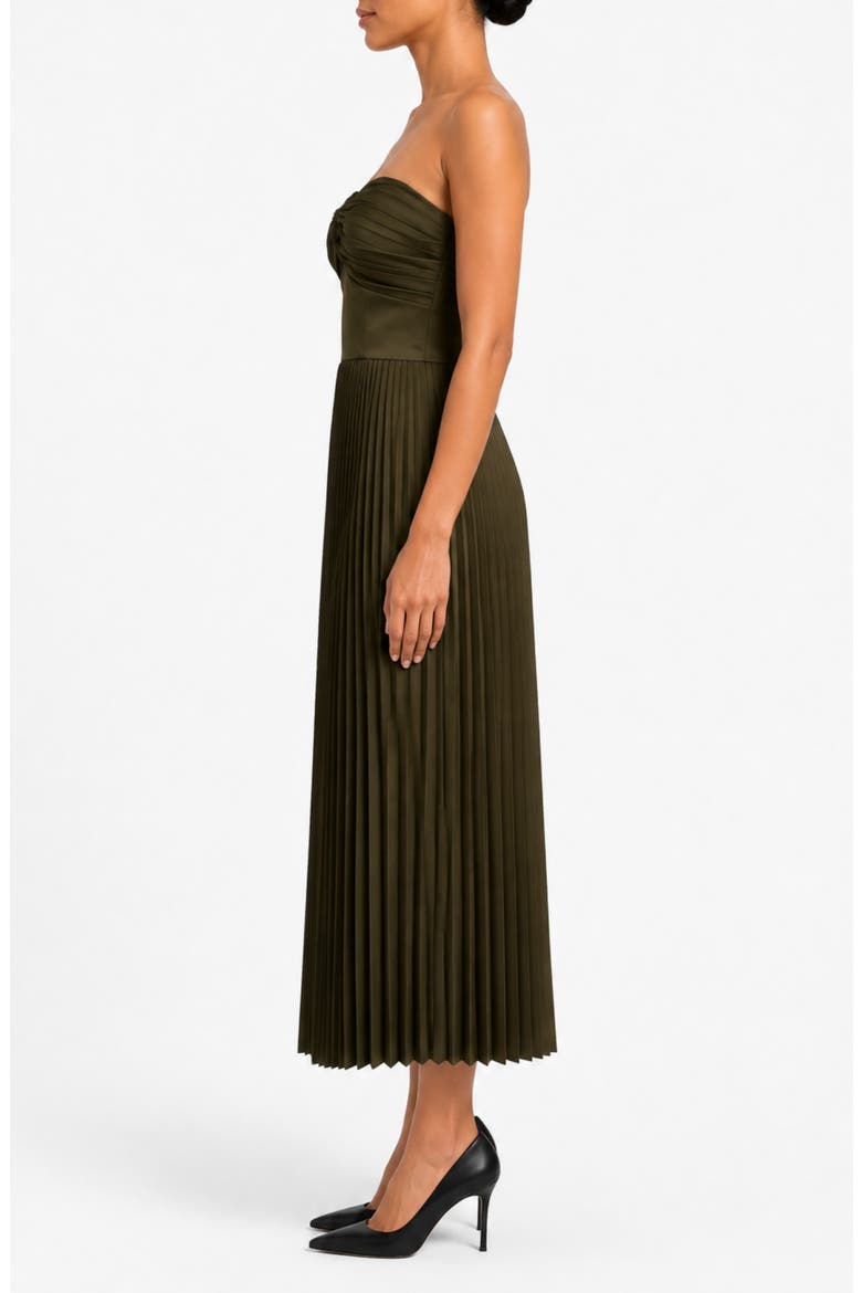 Twist Sweetheart Satin Pleated Midi Dress, Alternate, color, DEEP OLIVE