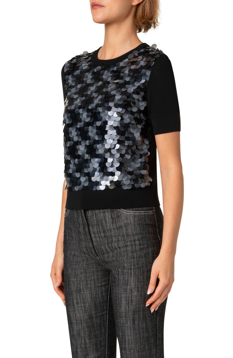 Akris punto Paillete Short Sleeve Virgin Wool Sweater, Alternate, color, Black