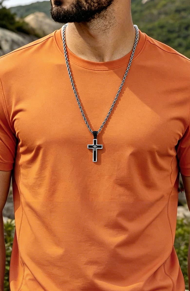 EDFORCE Men's Double Cross Pendant Necklace, Alternate, color, Silver/ Black