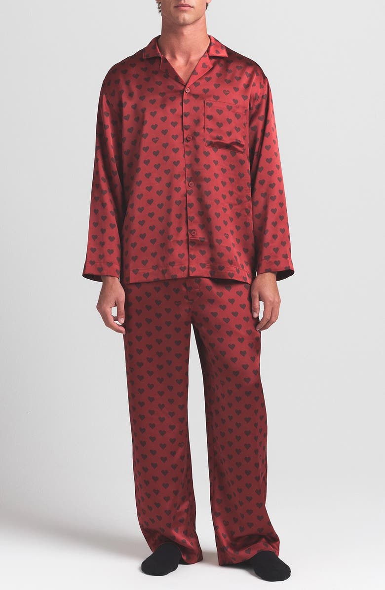 SKIMS Sleep Sateen Pajamas, Main, color, Red Heart Halfdrop Print