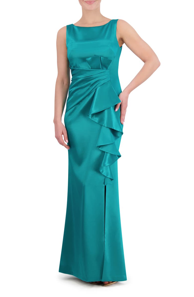 Eliza J Ruffle Satin Mermaid Gown, Main, color, 