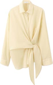 MANGO Stripe Tie Waist Cotton Blend Button-Up Shirt