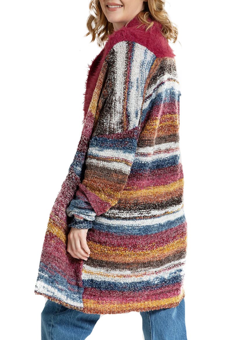 Faux Fur Collar Striped Cardigan, Alternate, color, PURPLE