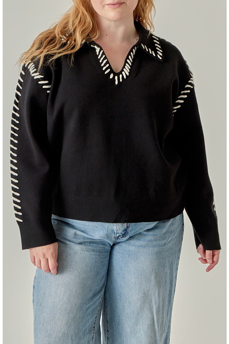 Blanket Stitch Detail Knit Top, Main, color, BLACK/ WHITE