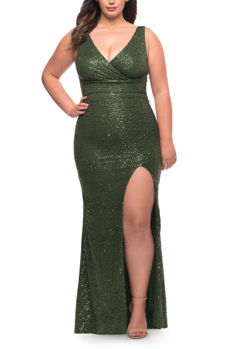 Stretch Sequin Plus Size Gown with Slit and V Neck
