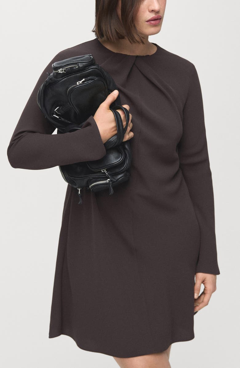 MANGO Drape Long Sleeve Sheath Dress, Alternate, color, Brown