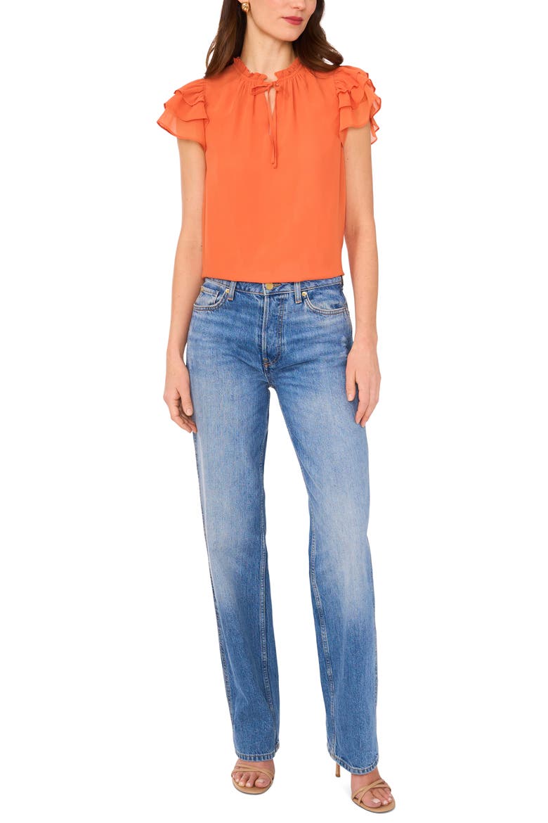 Flutter Sleeve Tie Neck Top, Alternate, color, CLAY SPICE
