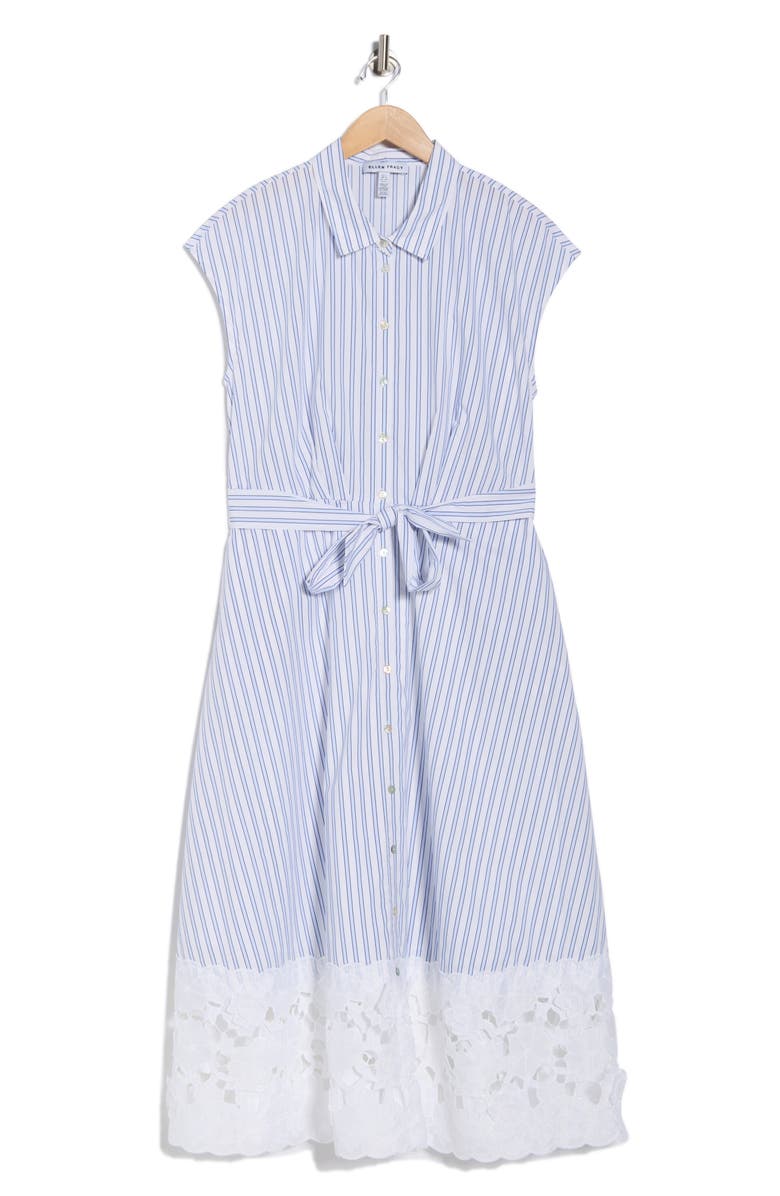 Ellen Tracy Floral Lace Trim Cotton Shirtdress, Main, color, Blue/ White Stripe