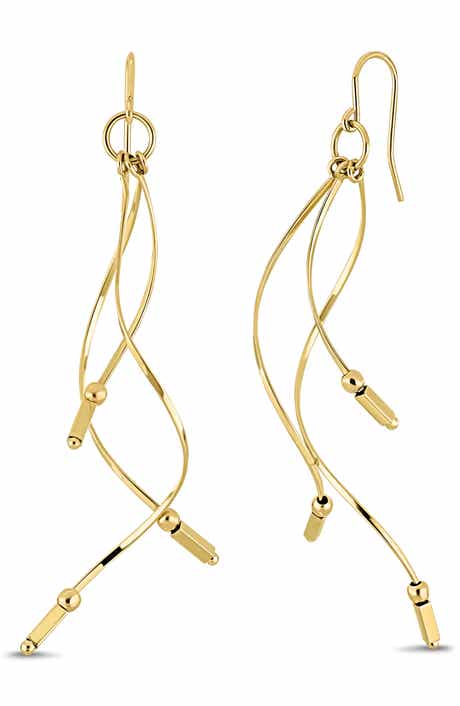 14K Yellow Gold Wavy Bar Drop Earrings