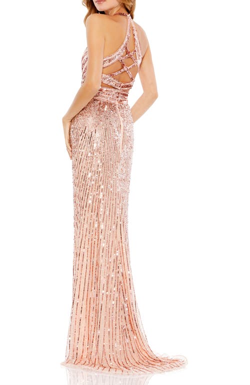 Mac Duggal Hand-embellished Sequin Gown With Cutouts And Crisscross Back In Rose Gold