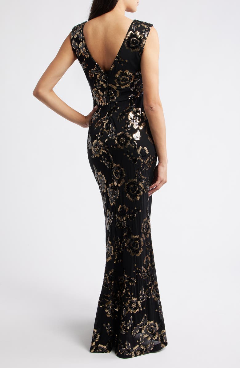 Eliza J Sequin Cap Sleeve Mermaid Gown, Alternate, color, Black Gold