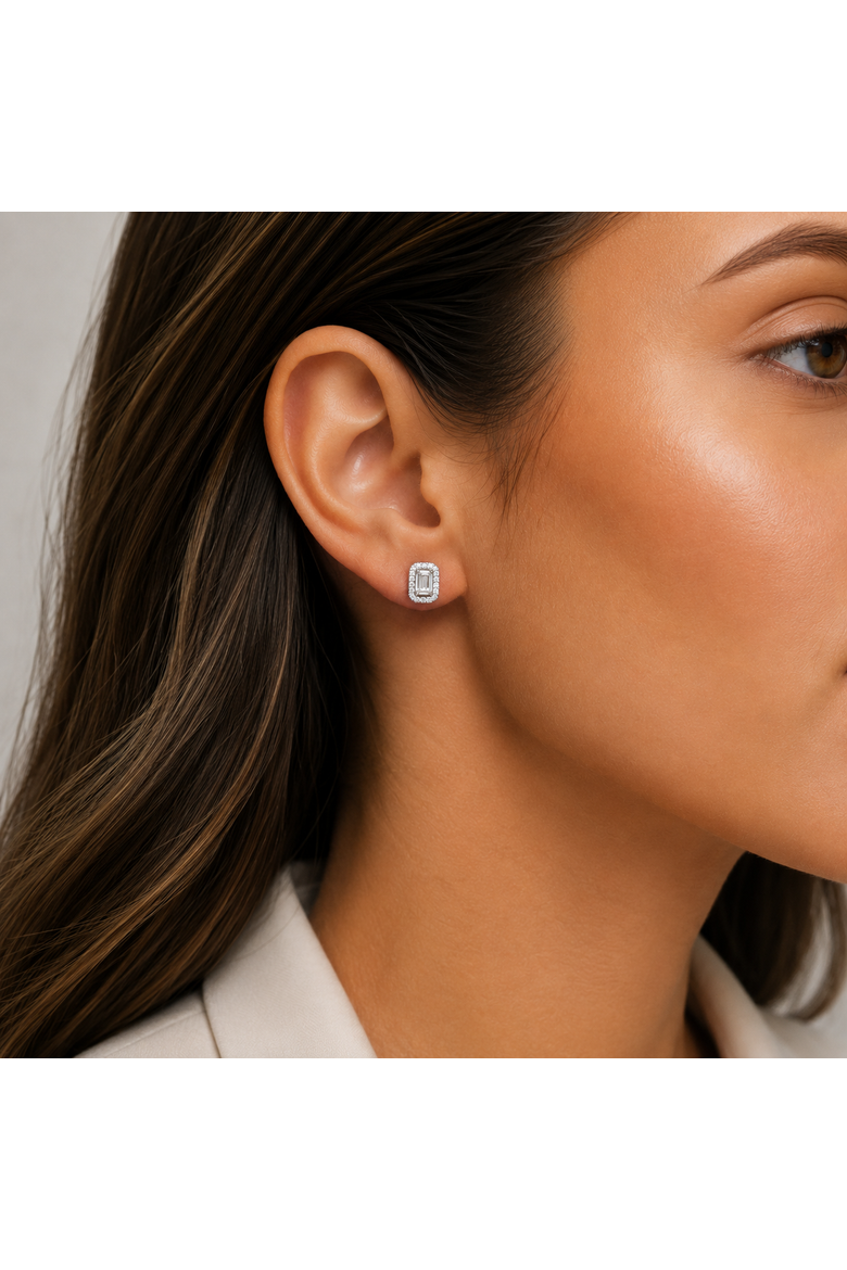 Sterling Silver Emerald Cut Halo Studs, Alternate, color, Silver