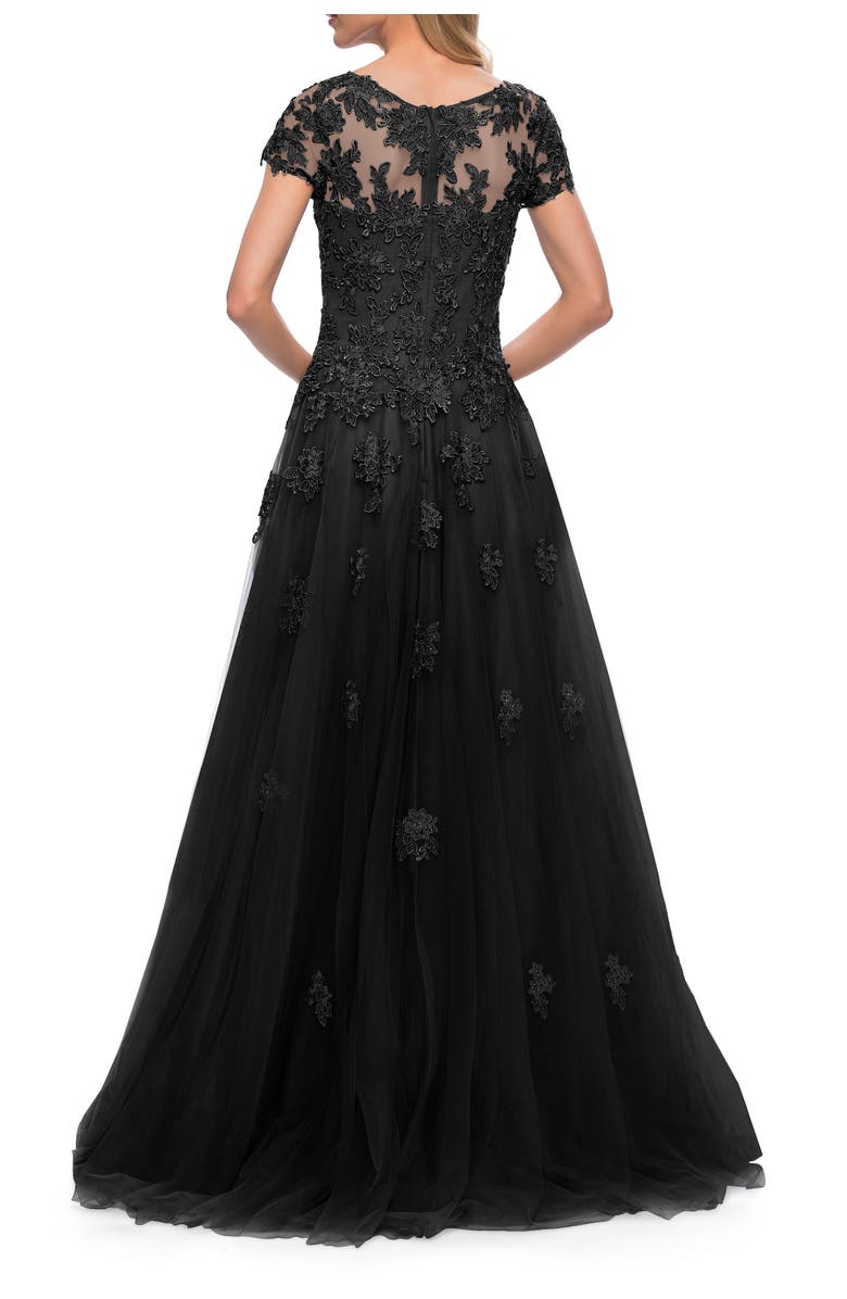 La Femme Tulle A Line Gown with Lace Applique and V Neck, Alternate, color, Black