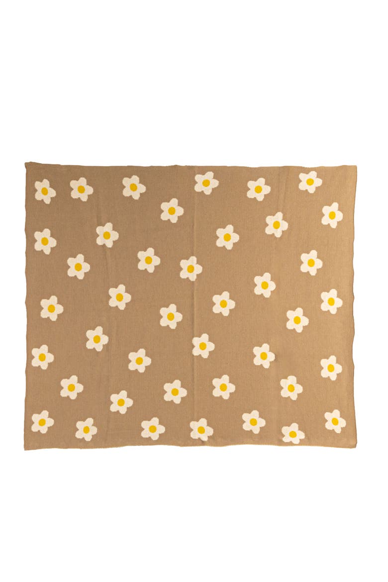 Cotton Knit Baby Blanket with Printed Flowers, Brown and White, Alternate, color, Natural