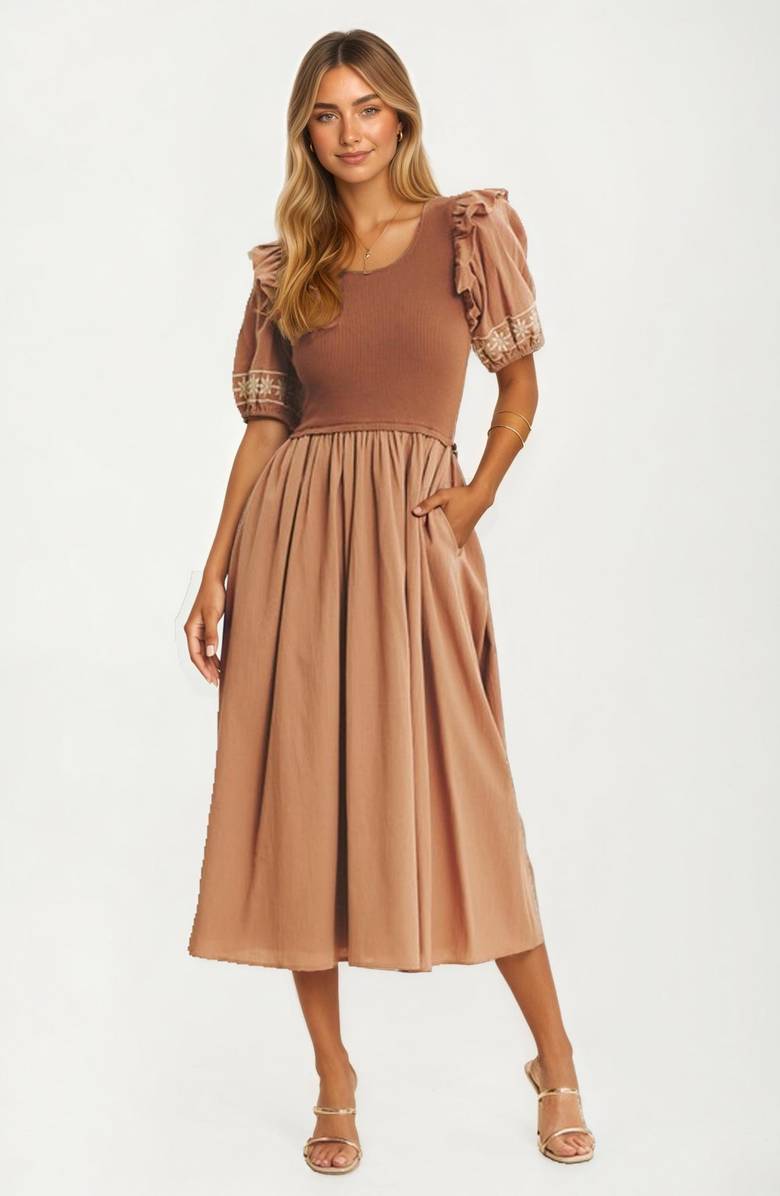 Knit and Lounge Embroidered Detail Puff Sleeve Midi Dress, Main, color, 