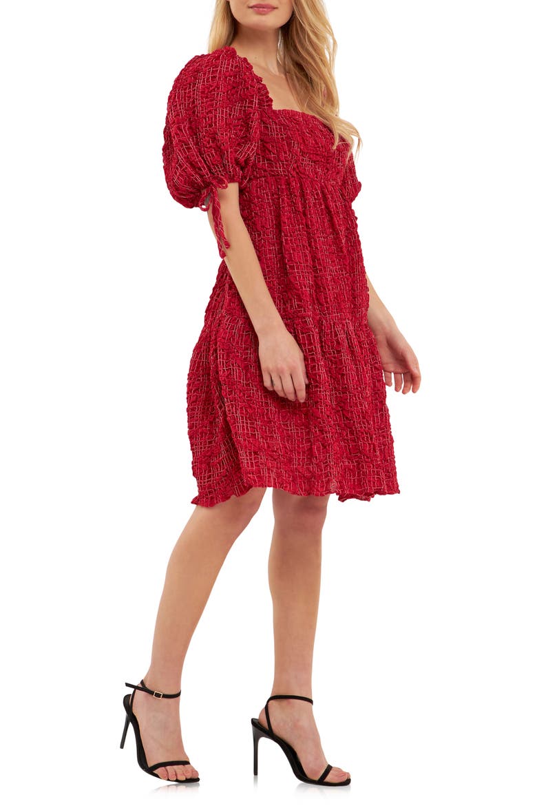 Gingham Crinkled Flounce A-Line Dress, Alternate, color, BURGUNDY