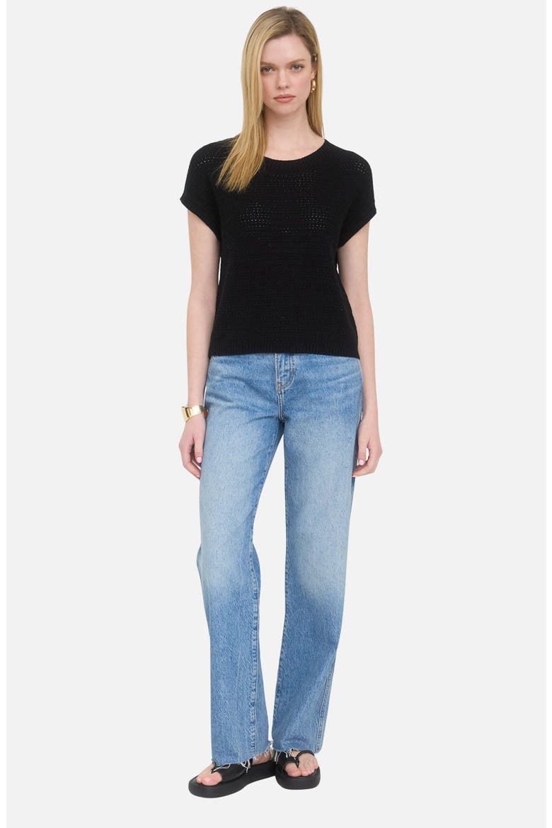 Open Knit Short Sleeve Sweater, Alternate, color, BLACK