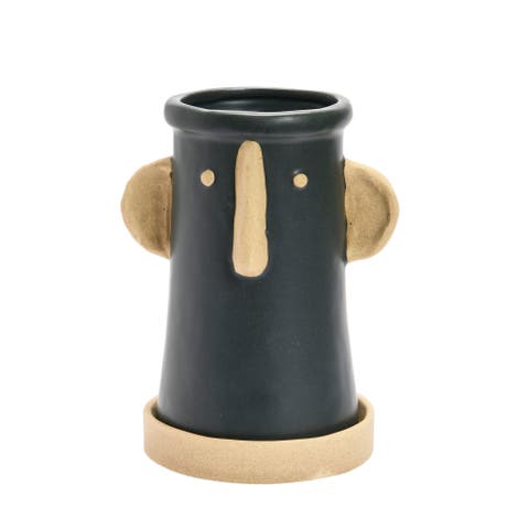 Stoneware Face Planter with Saucer, Matte Black and Cream
