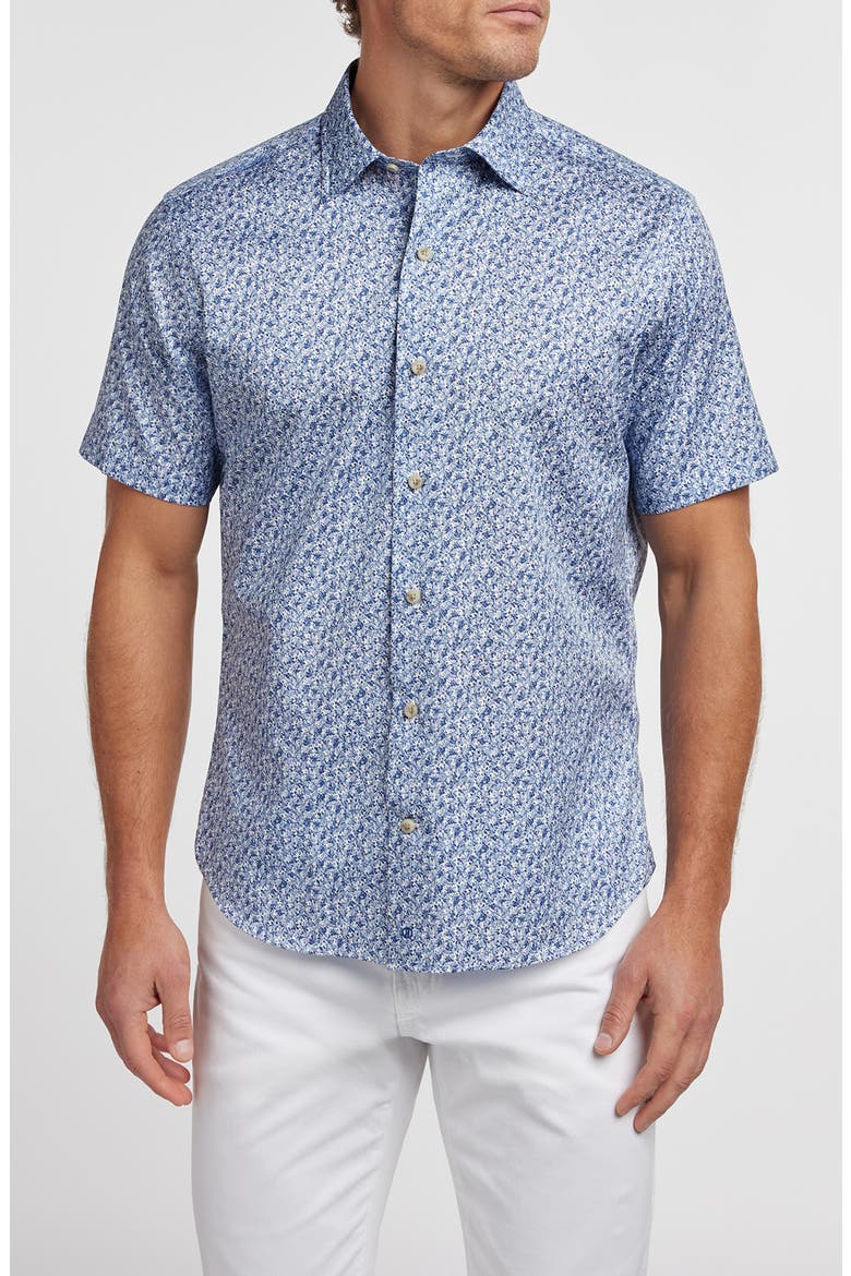Botanical Print Short Sleeve Cotton Button-Up Shirt, Main, color, NAVY