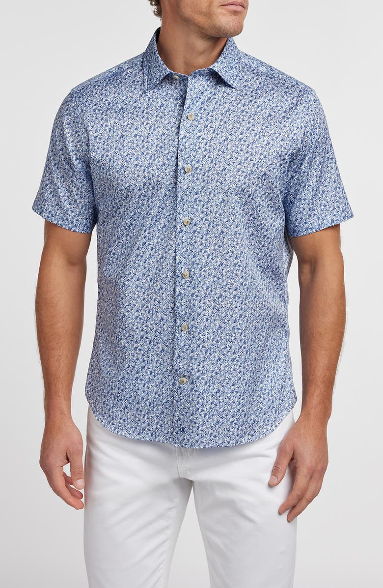 David Donahue Botanical Print Short Sleeve Cotton Button-Up Shirt, Main, color, Navy
