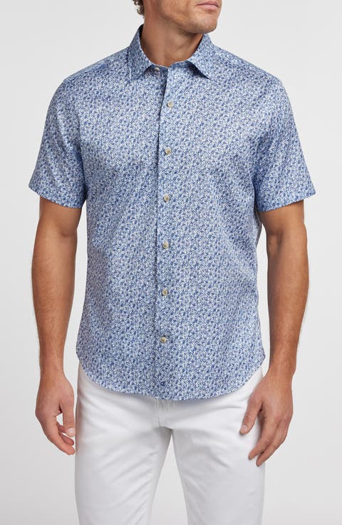 Botanical Print Short Sleeve Cotton Button-Up Shirt