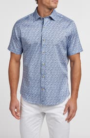 David Donahue Botanical Print Short Sleeve Cotton Button-Up Shirt