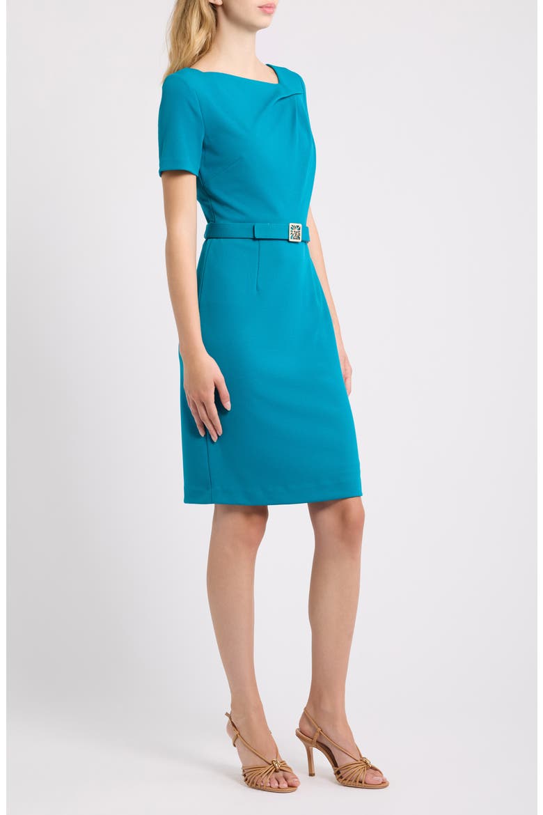 Asymmetric Neck Scuba Crepe Sheath Dress, Alternate, color, TEAL