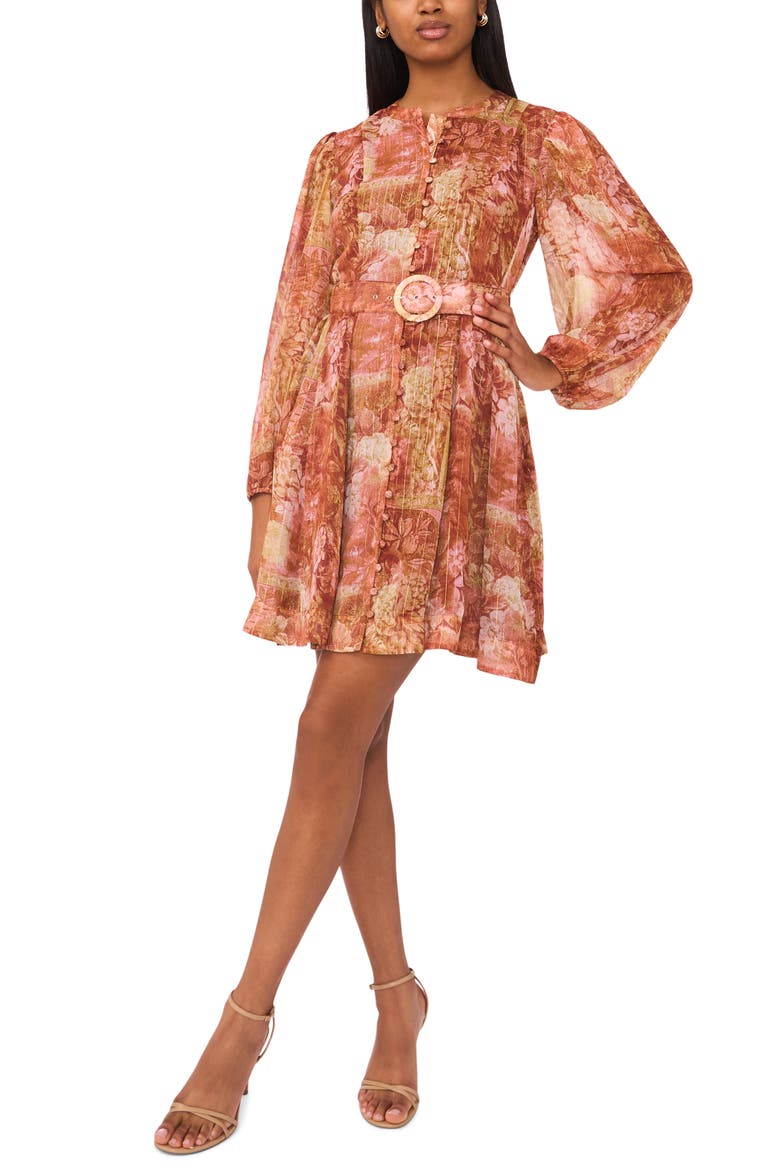 Floral Long Sleeve Belted A-Line Dress, Main, color, VINTAGE PEARL