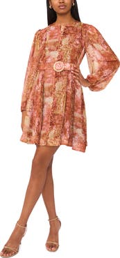 Halogen® Floral Long Sleeve Belted A-Line Dress