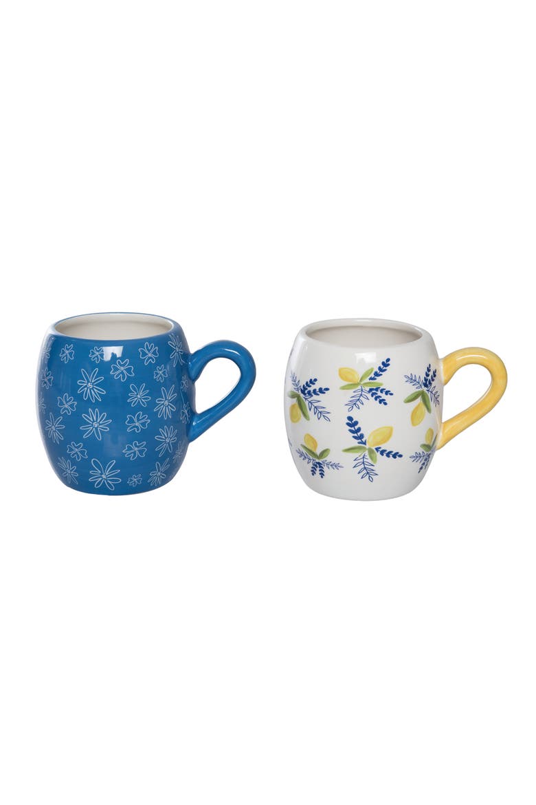 Ceramic Citrus Mug Set of 2 Multicolored for Spring Serving and Entertaining, Main, color, Blue