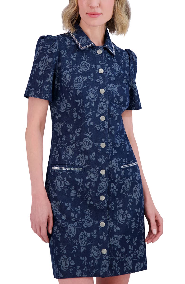 Eliza J Floral Jacquard Bead Detail Denim Shirtdress, Alternate, color, Denim