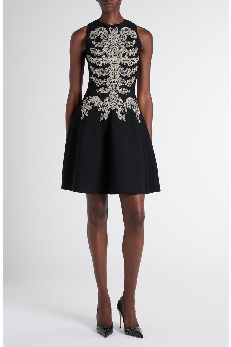 Metallic Lace Rib Cage Jacquard Fit & Flare Minidress, Main, color, BLACK
