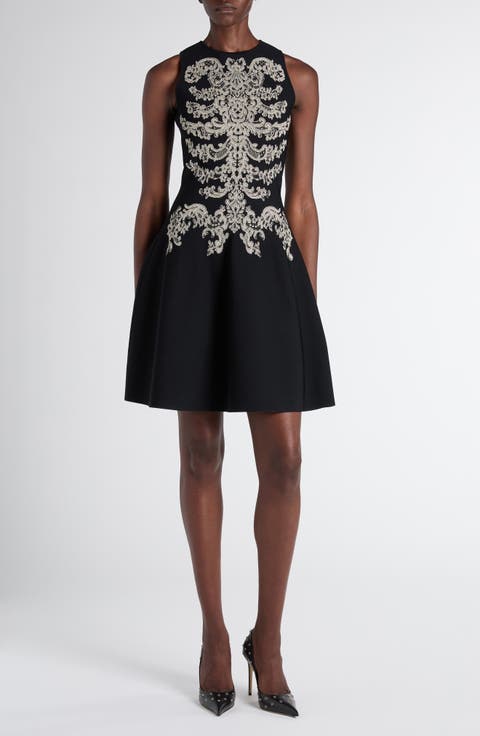 Metallic Lace Rib Cage Jacquard Fit & Flare Minidress