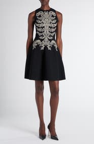 McQueen Metallic Lace Rib Cage Jacquard Fit & Flare Minidress