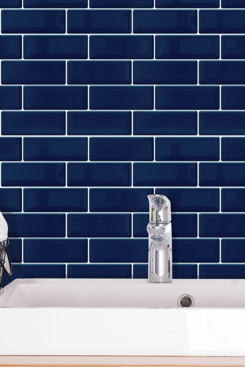 Deep Blue Glossy 3D Metro Sticker Tiles Contemporary Wall Splashbacks Mosaics, Main, color, BLUE