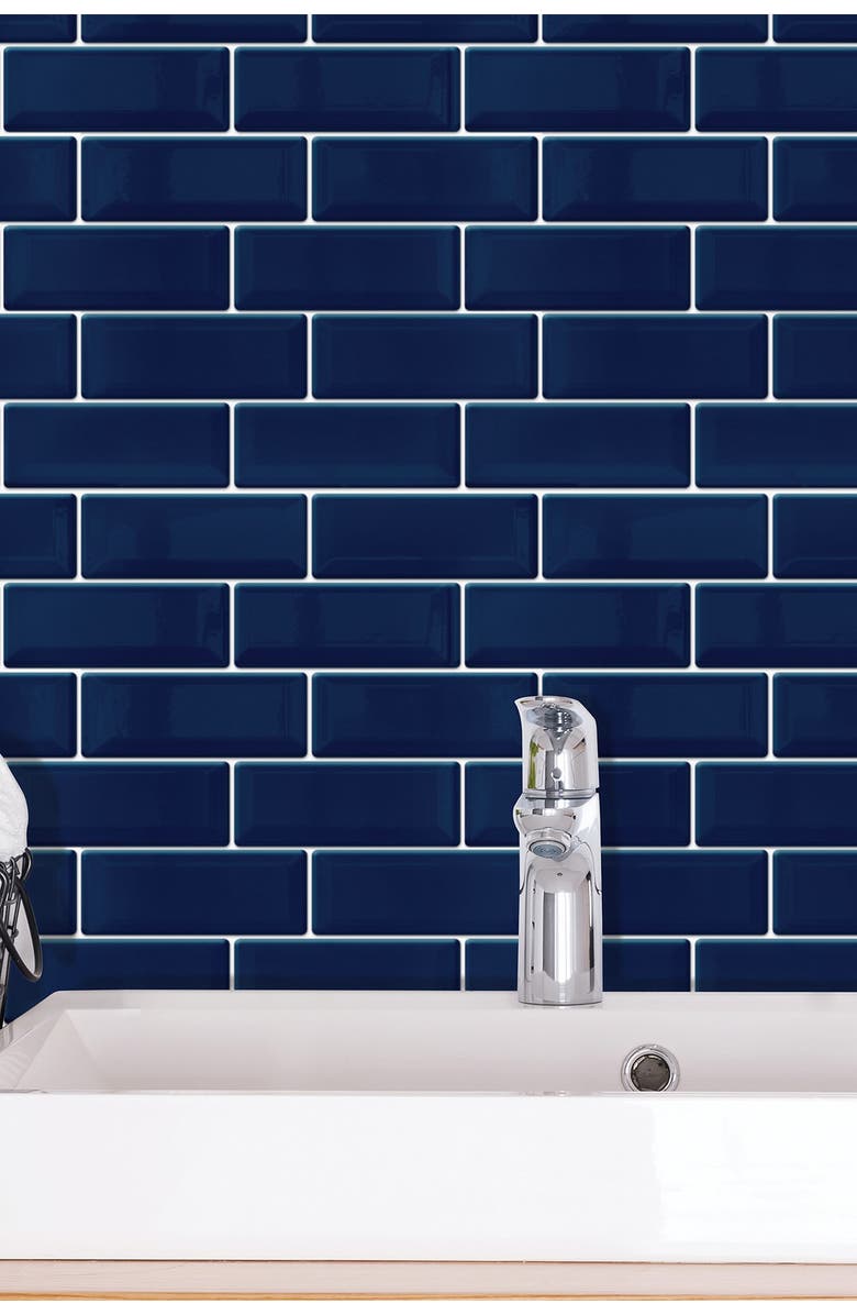 WALPLUS Deep Blue Glossy 3D Metro Sticker Tiles Contemporary Wall Splashbacks Mosaics, Main, color, 