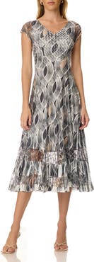 Komarov Lace Inset Charmuese Dress with Cap Sleeves