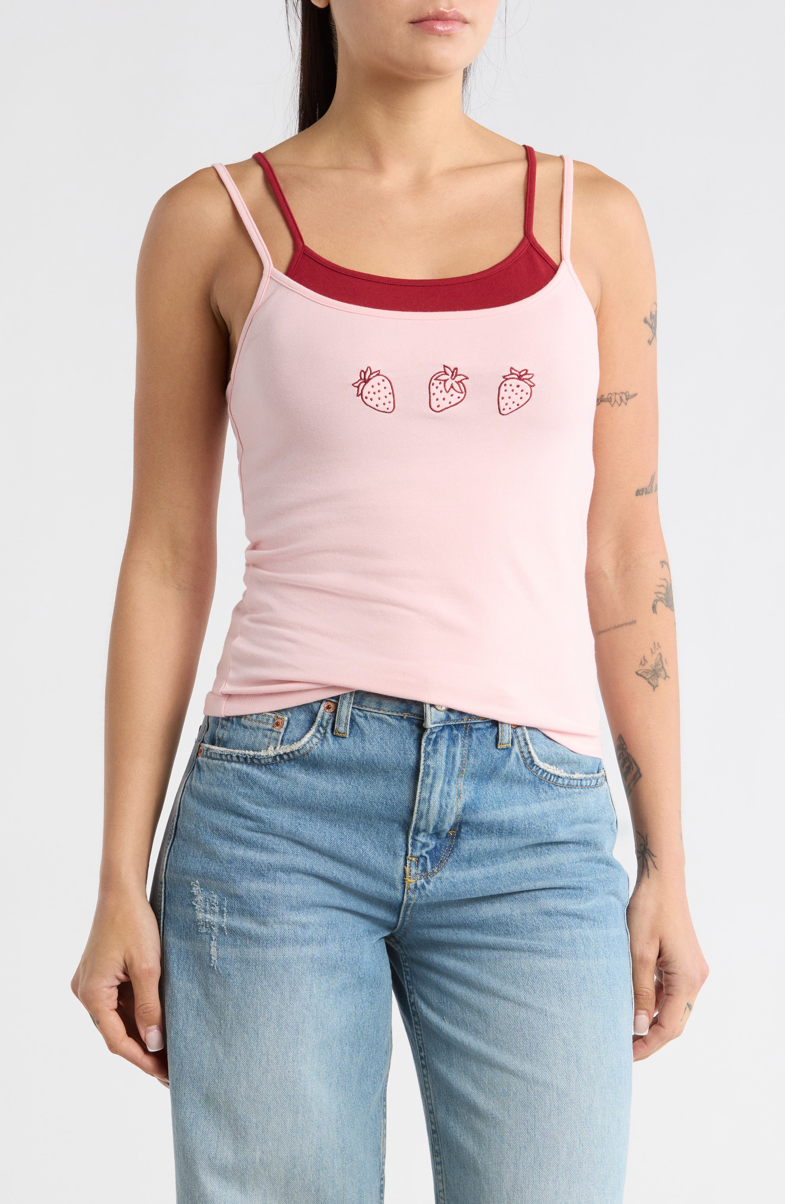 Vinyl Icons Strawberry Embroidered Layered Tank