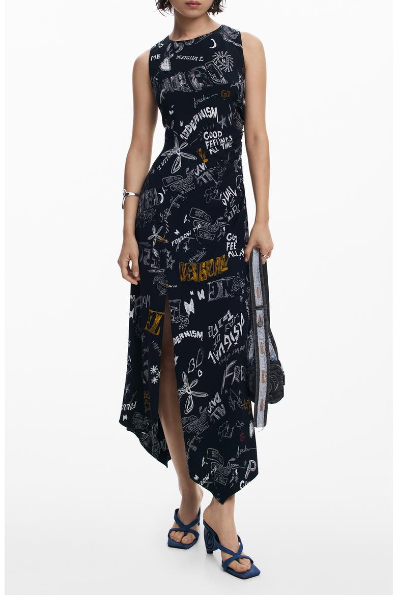 Slogan Print Asymmetric Hem Dress, Main, color, BLACK